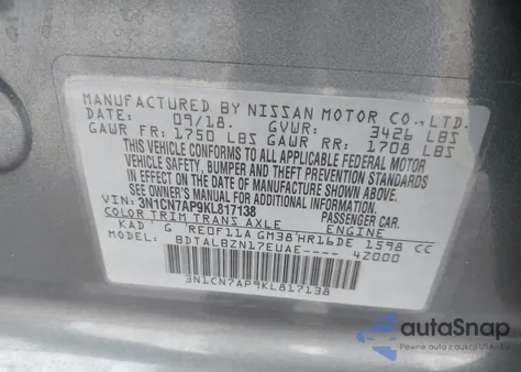 2019 Nissan Versa 1.6 Sv из США, поврежденный, VIN 3N1CN7AP9KL817138